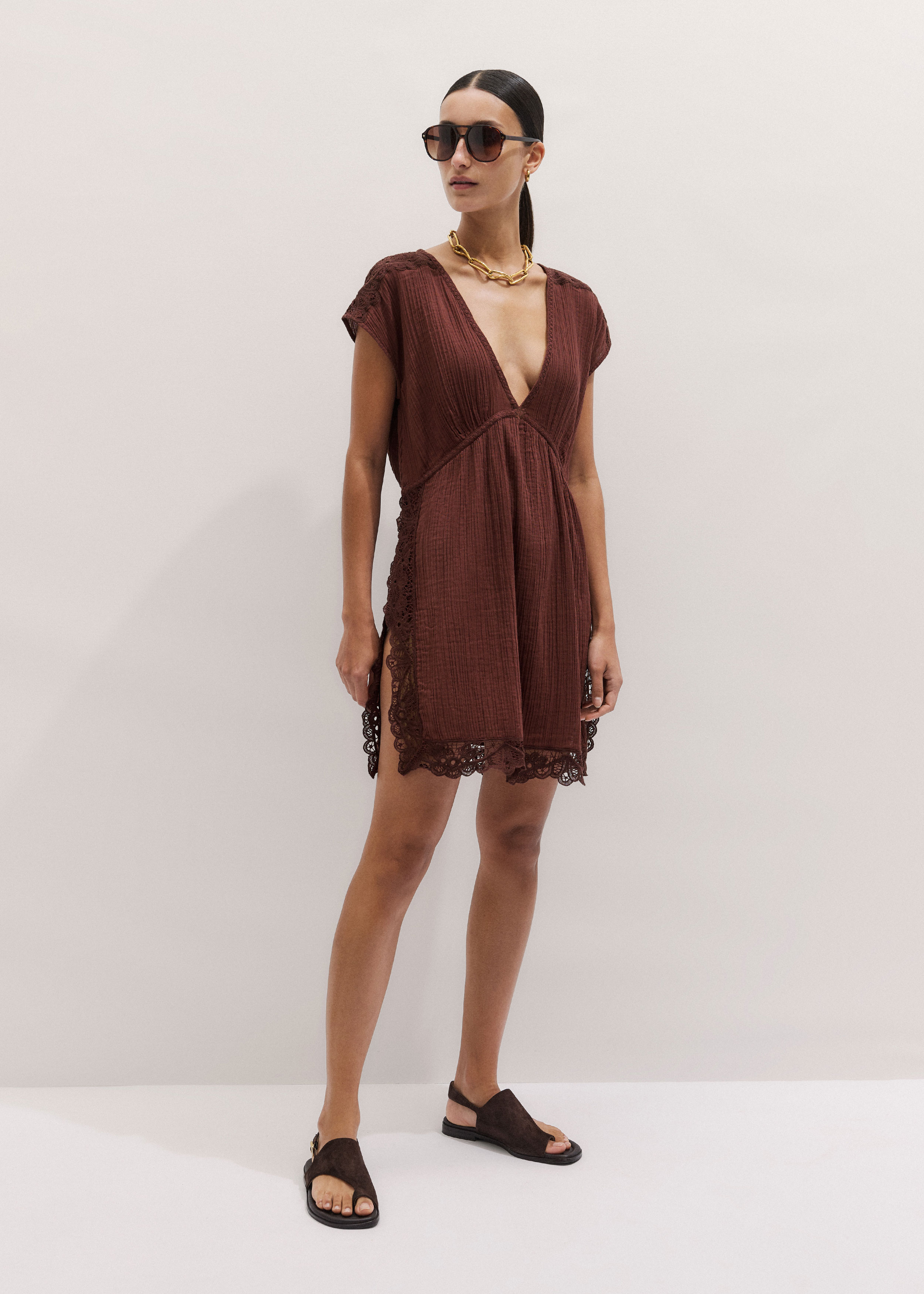 brown lace dress short ME+EM Detail Beach Cinnamon - Women's - Textured Cotton Charming Pastel Themed Bridal d_Solid Great for any cup Color:Black-Wine Red
