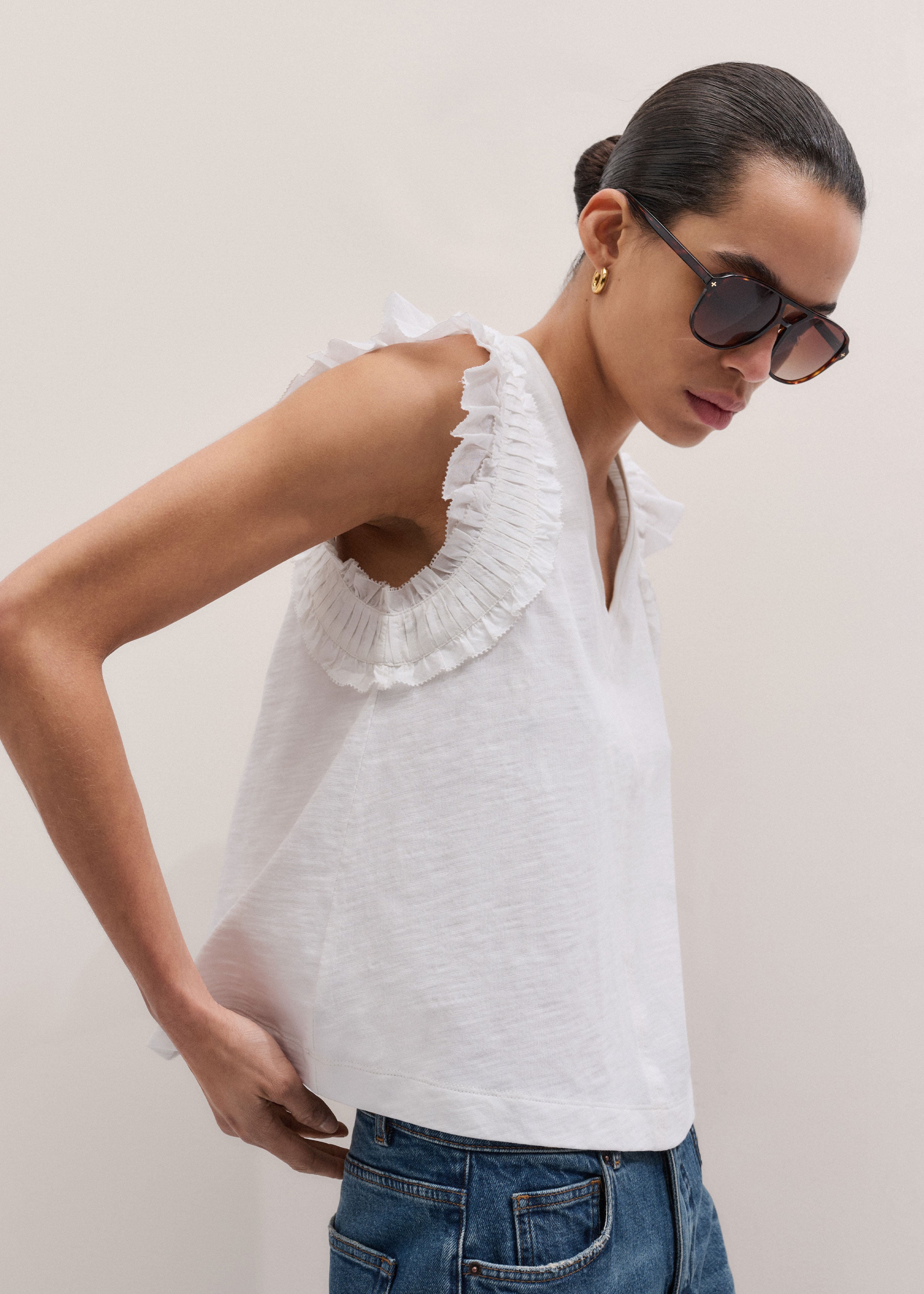 Women's Soft White Frill Sleeve Swing Top | ME+EM