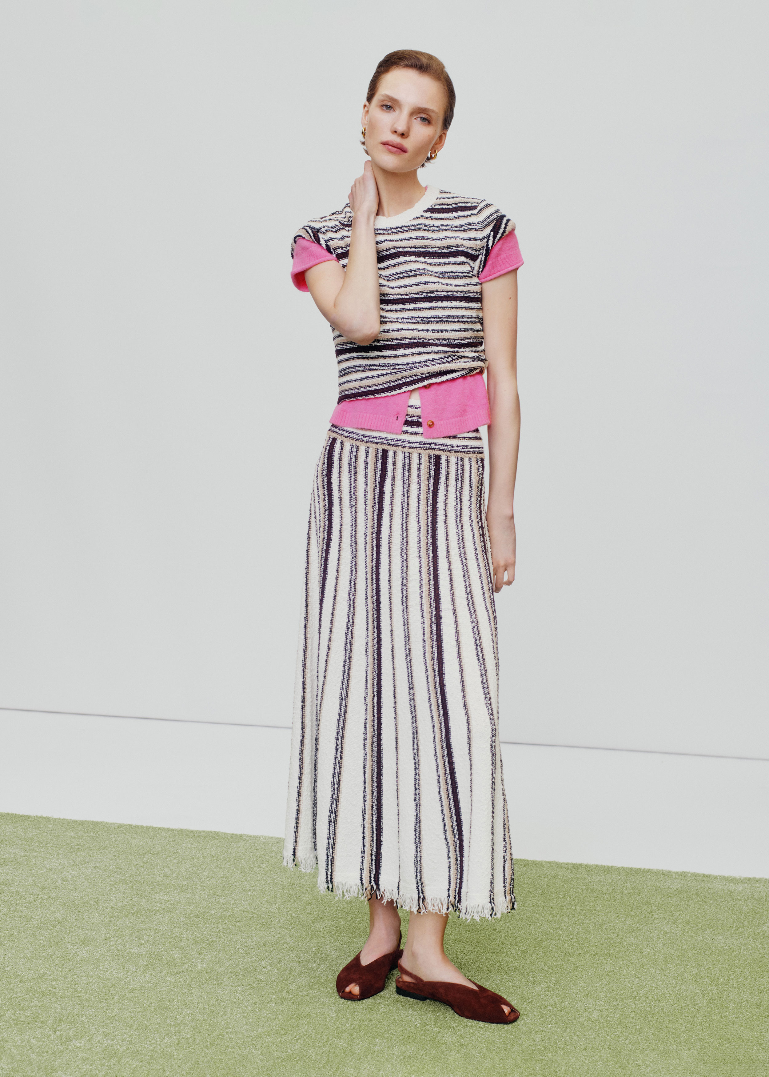 Me+em Bouclé Stripe Knit Maxi Skirt Cream Multi
