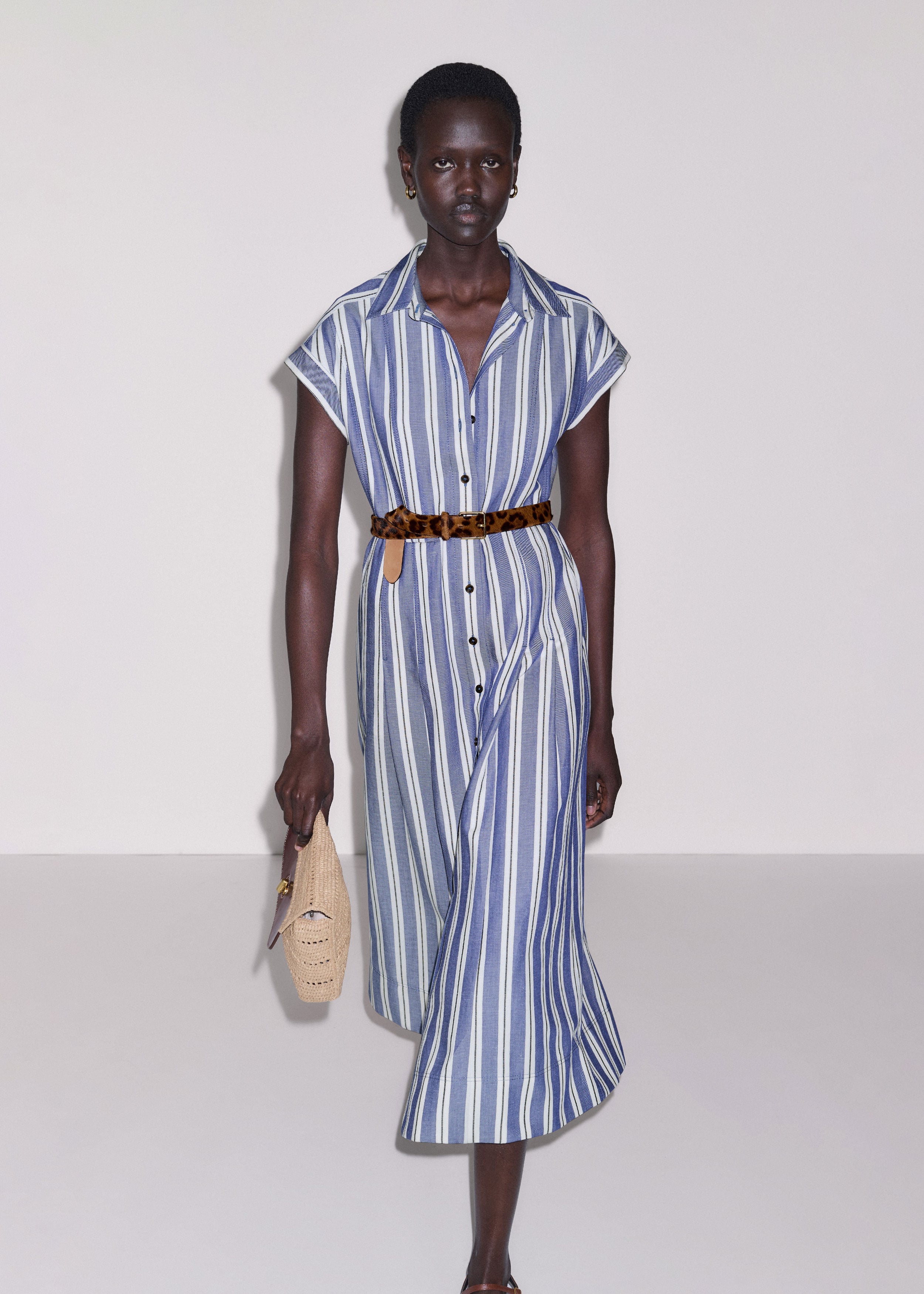 button front linen midi dress in faded indigo stripe ME+EM Stripe Fit And Flare Midi Shirt Dress + Belt Blue-multi - Women's - Linen Cotton Twill