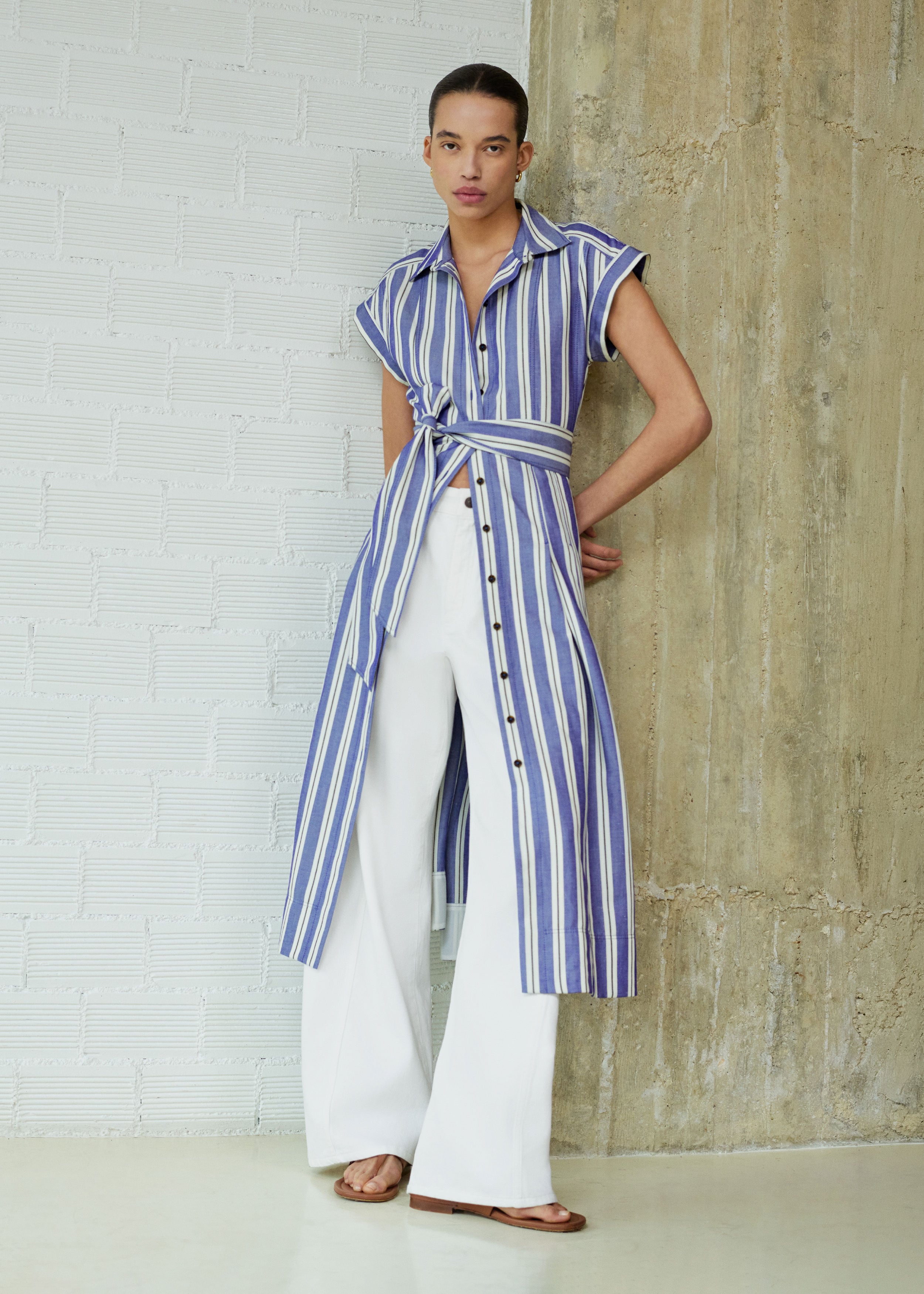 Me+em Stripe Fit And Flare Midi Shirt Dress + Belt Blue-multi
