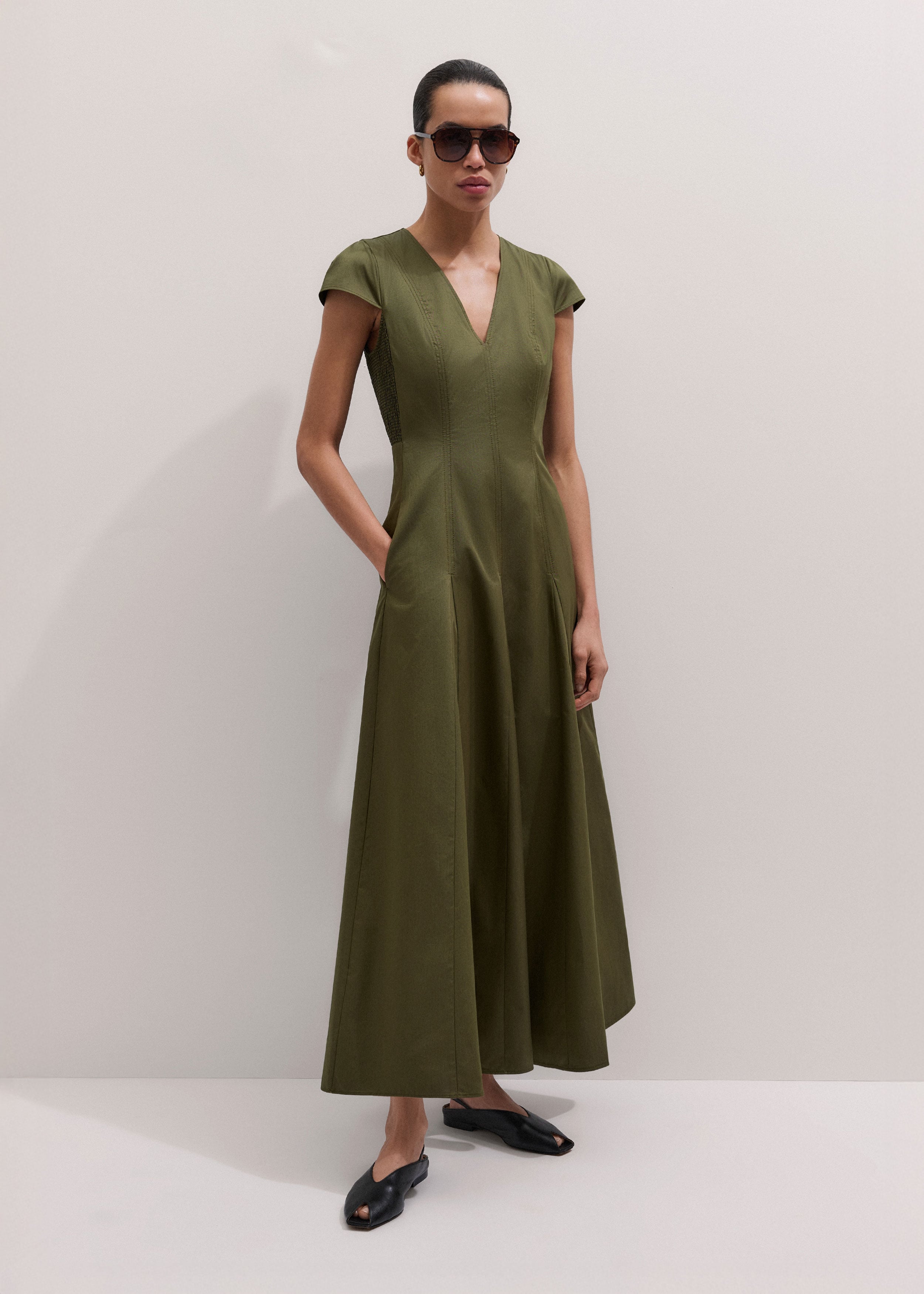 olive green fit and flare dress Olive Chiffon Maxi Dress with Fit and Flare Silhouette