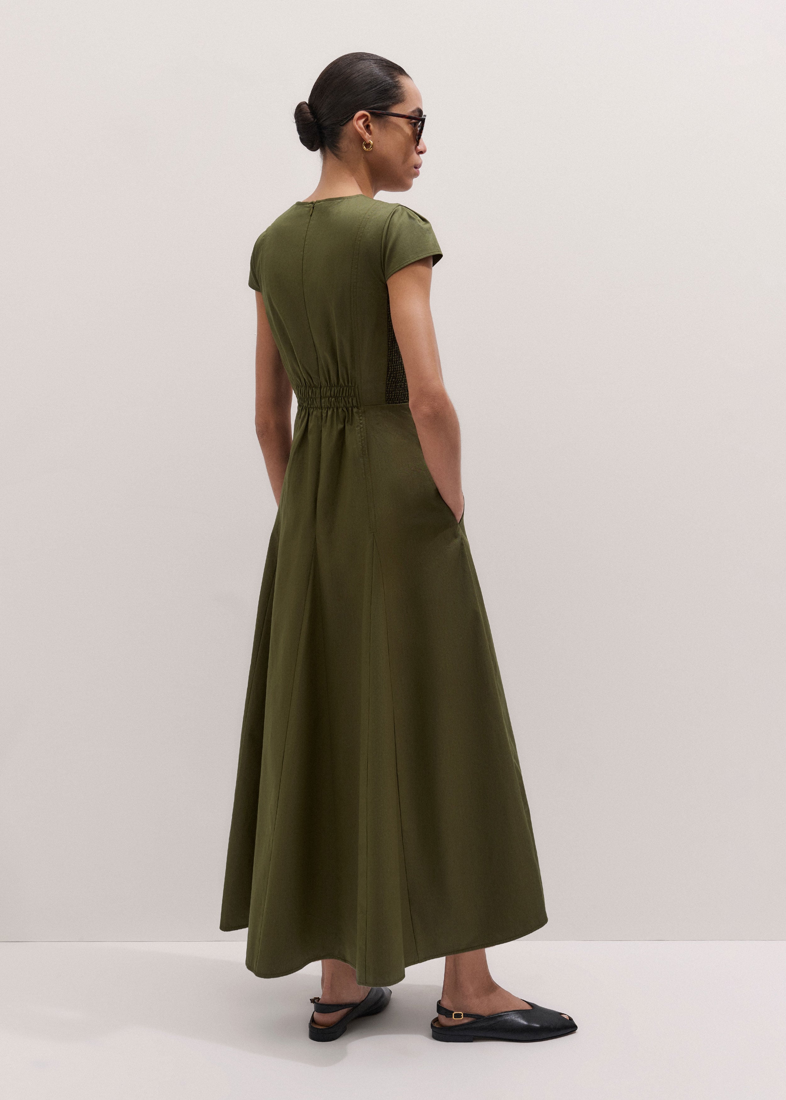 olive green fit and flare dress ME+EM V-neck Maxi - Women's - Cotton Poplin COUNT-114