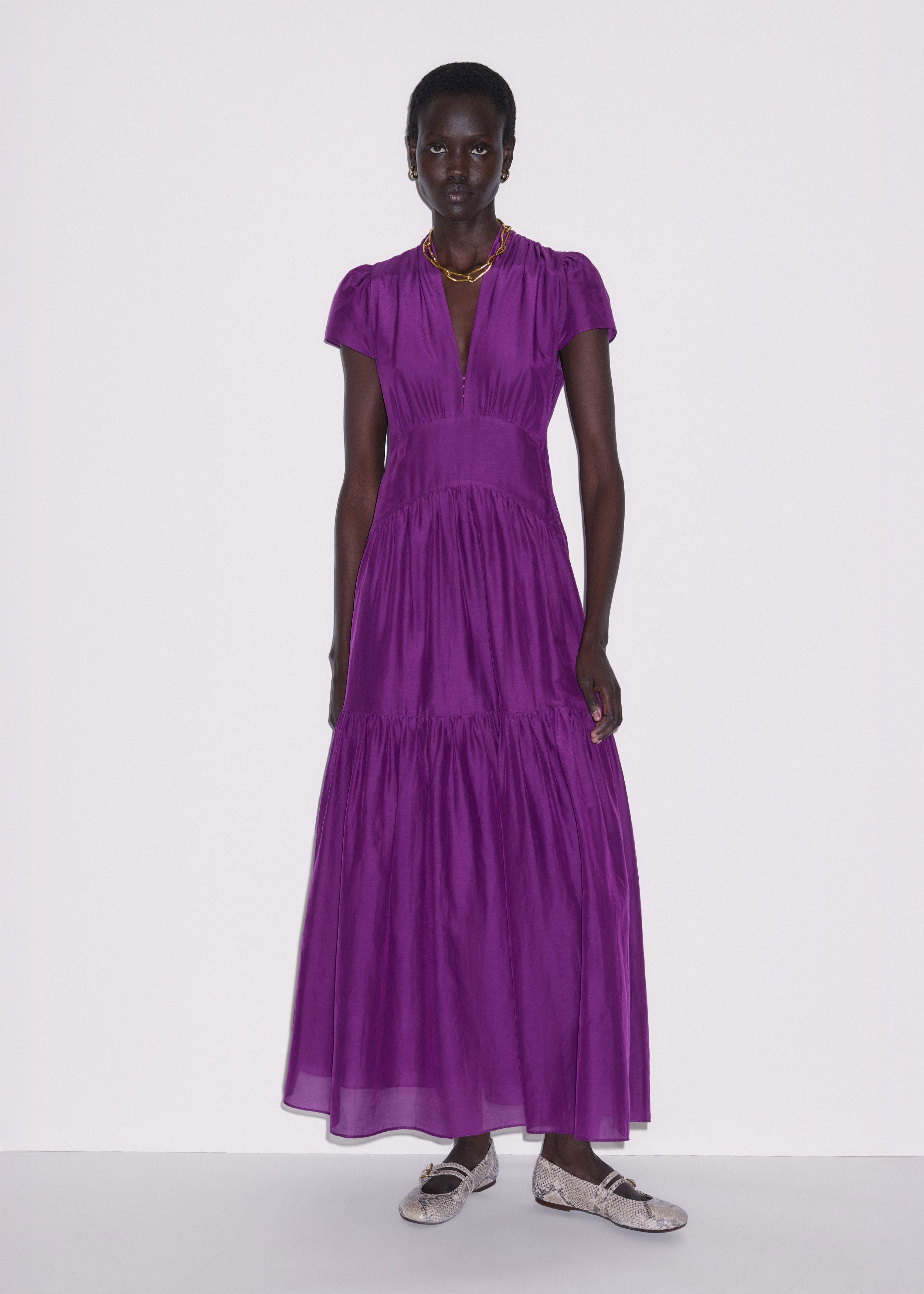 violet flared dress Purple Flared Dress with Bell Sleeves & Ruffle Hem
