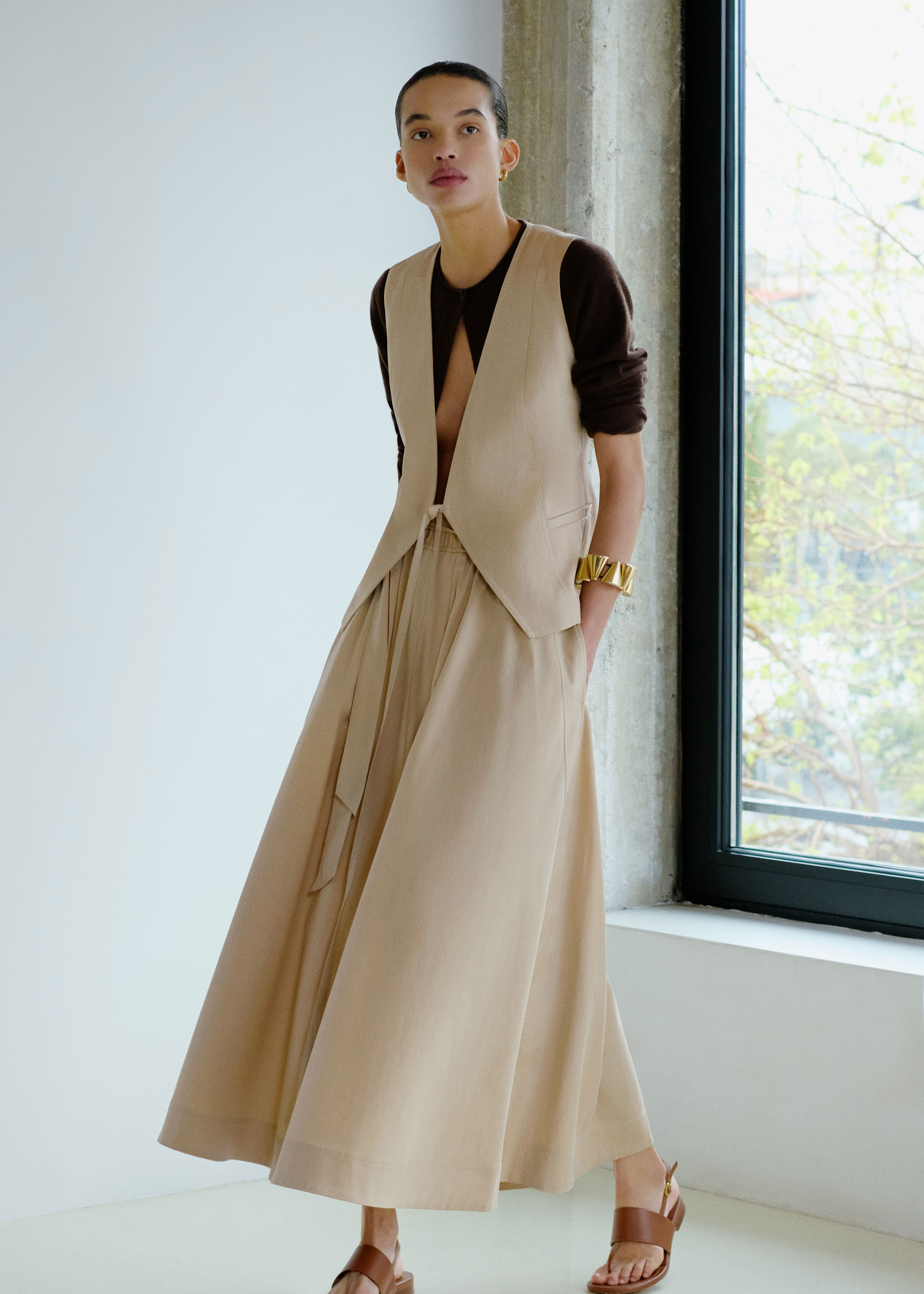 Me+em Cotton A Line Maxi Skirt + Belt Warm Stone In Gold