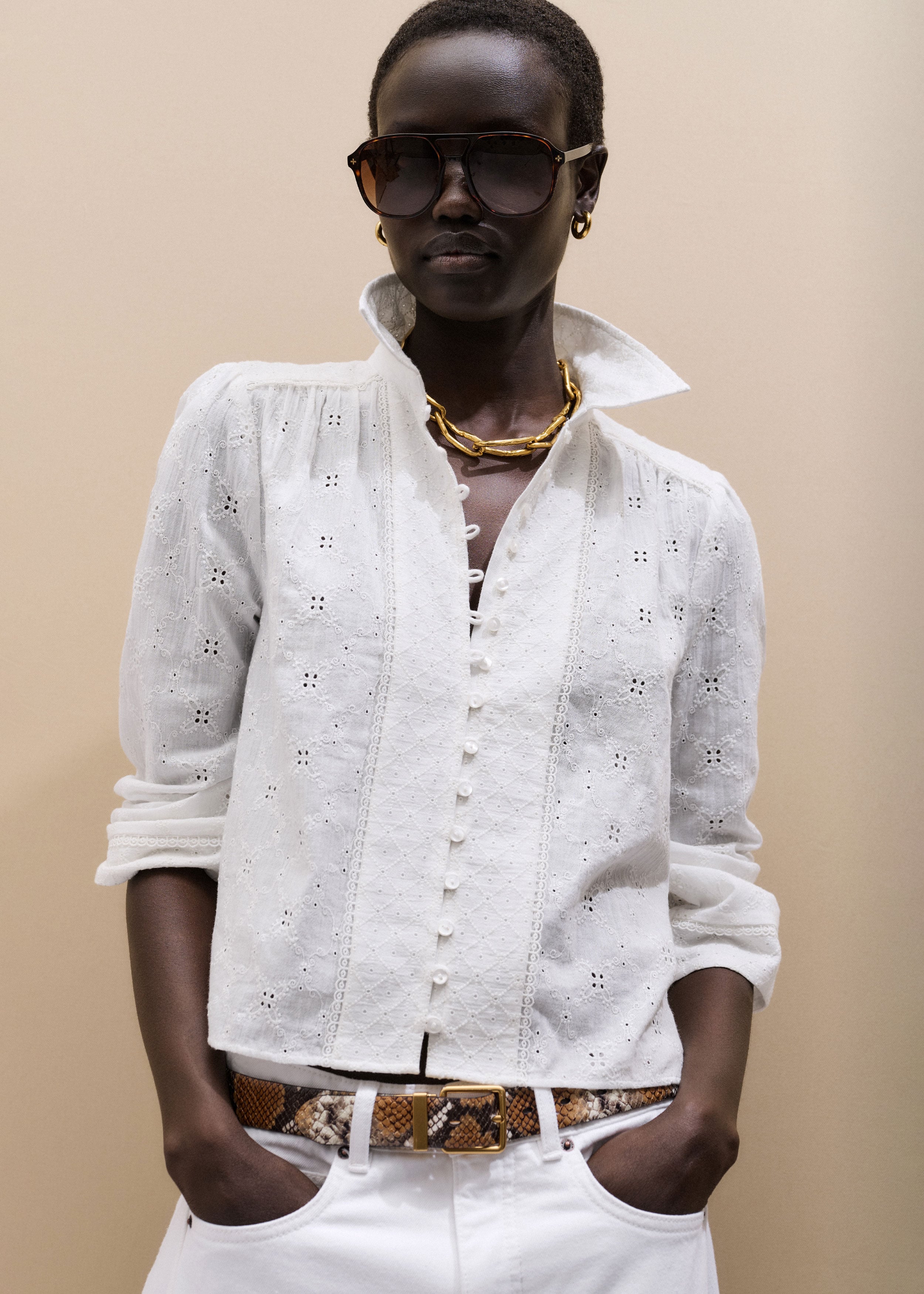 Women's White Broderie Straight Blouse | ME+EM