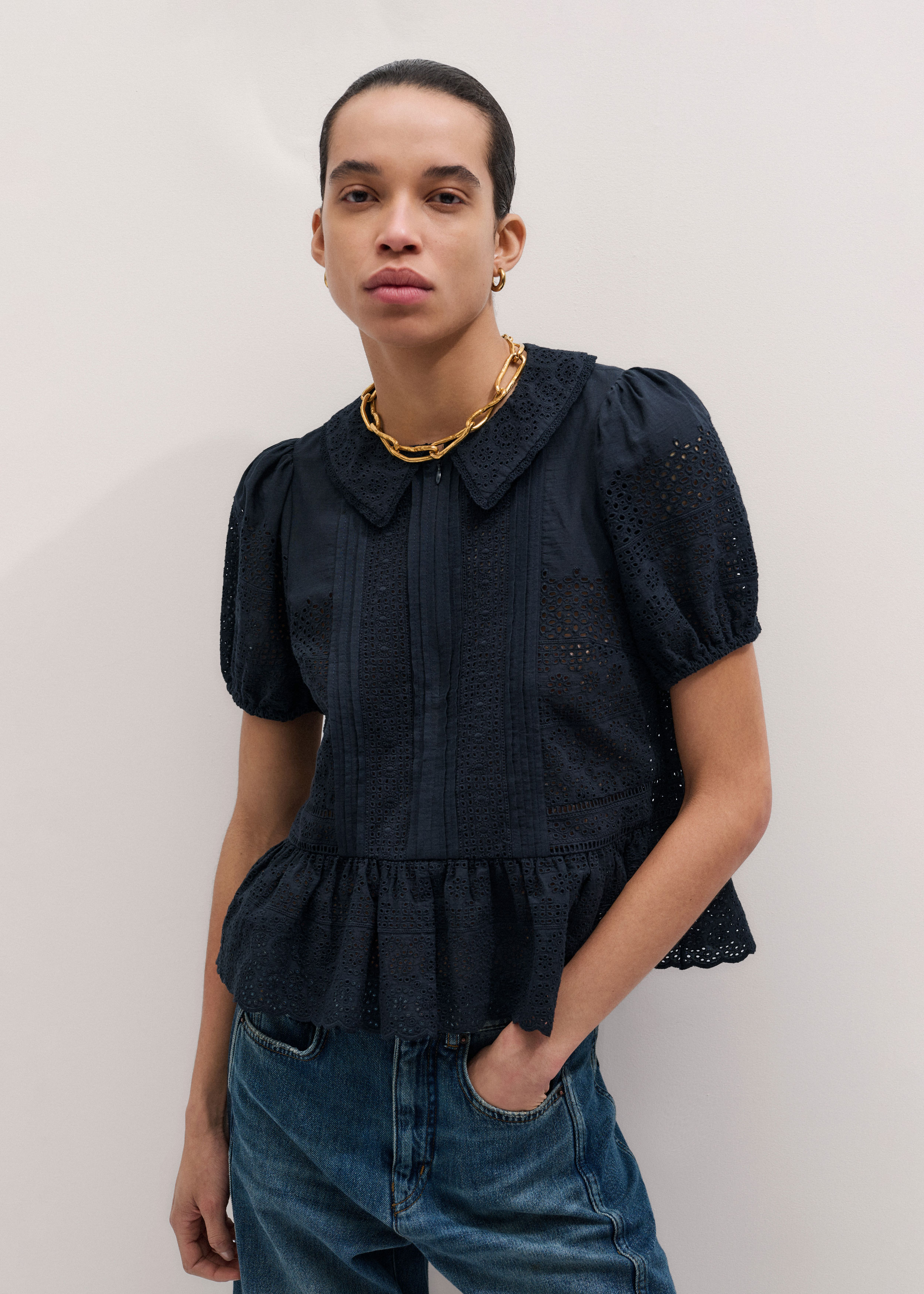 Women's Navy Cotton Broderie Peplum Top | ME+EM