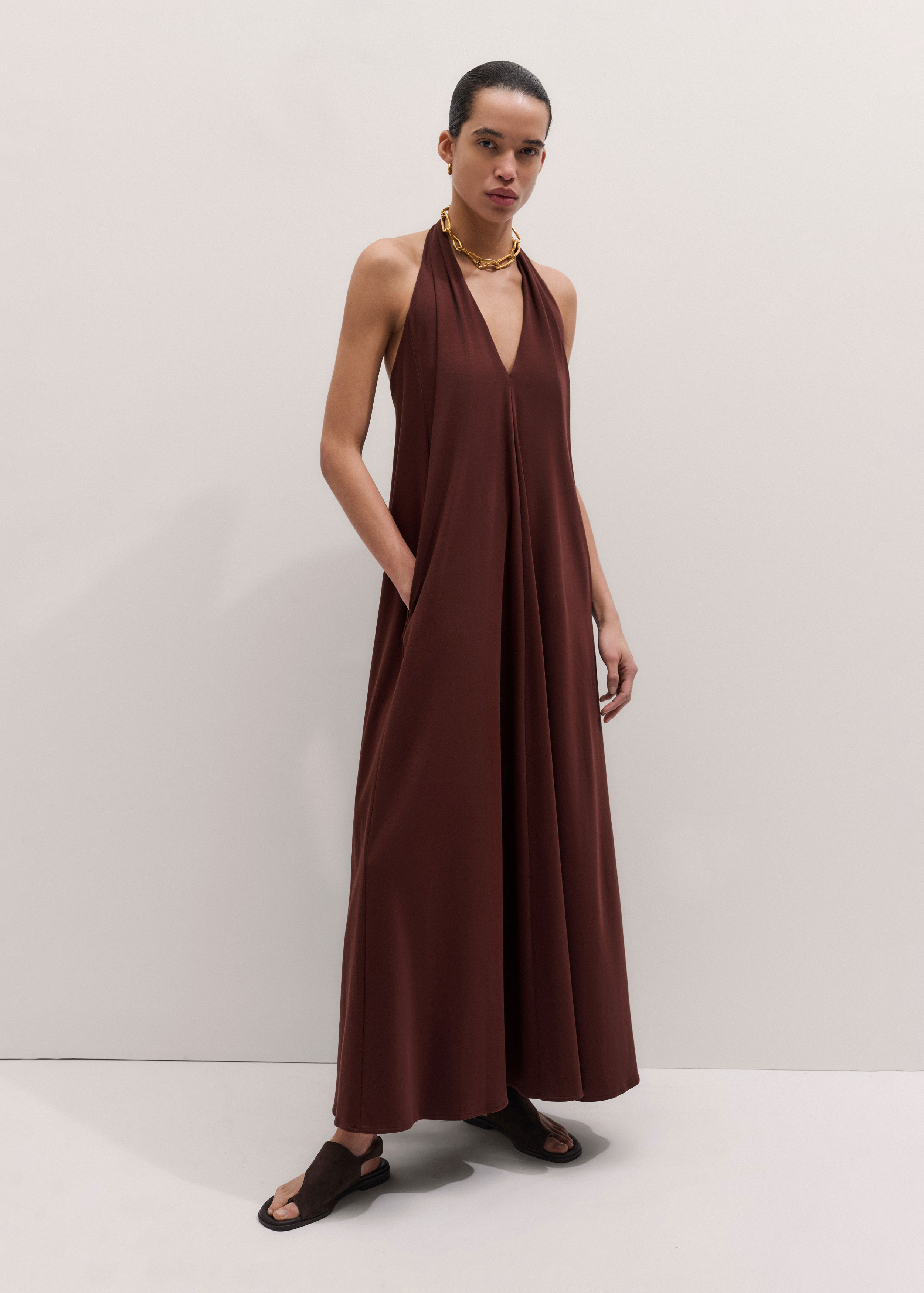 ME+EM Deep V Halterneck Full Length Dress Cinnamon Brown - Women's - Cotton Jersey