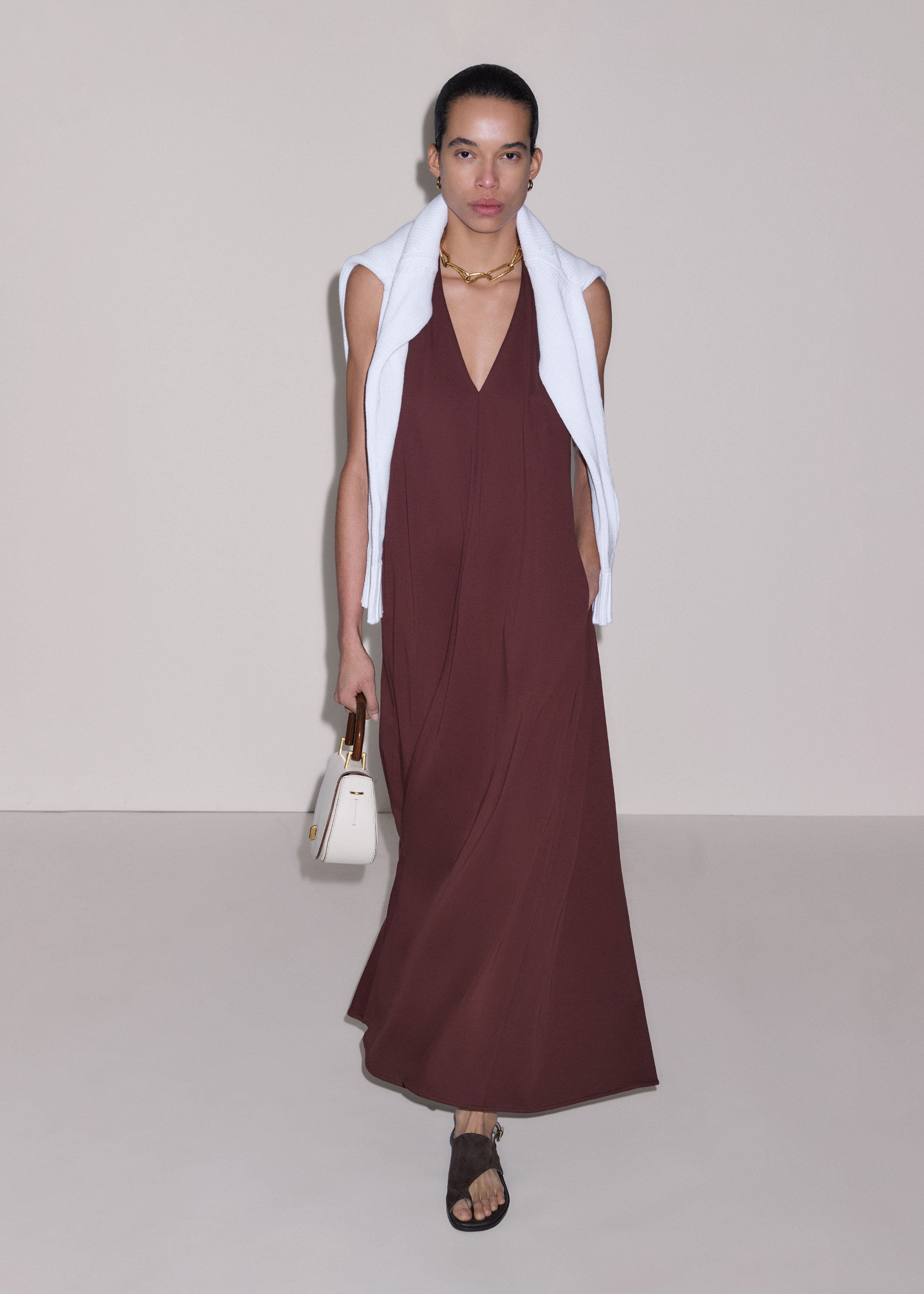 v neck brown dress Women's Chocolate Satin V Neck Maxi Dress