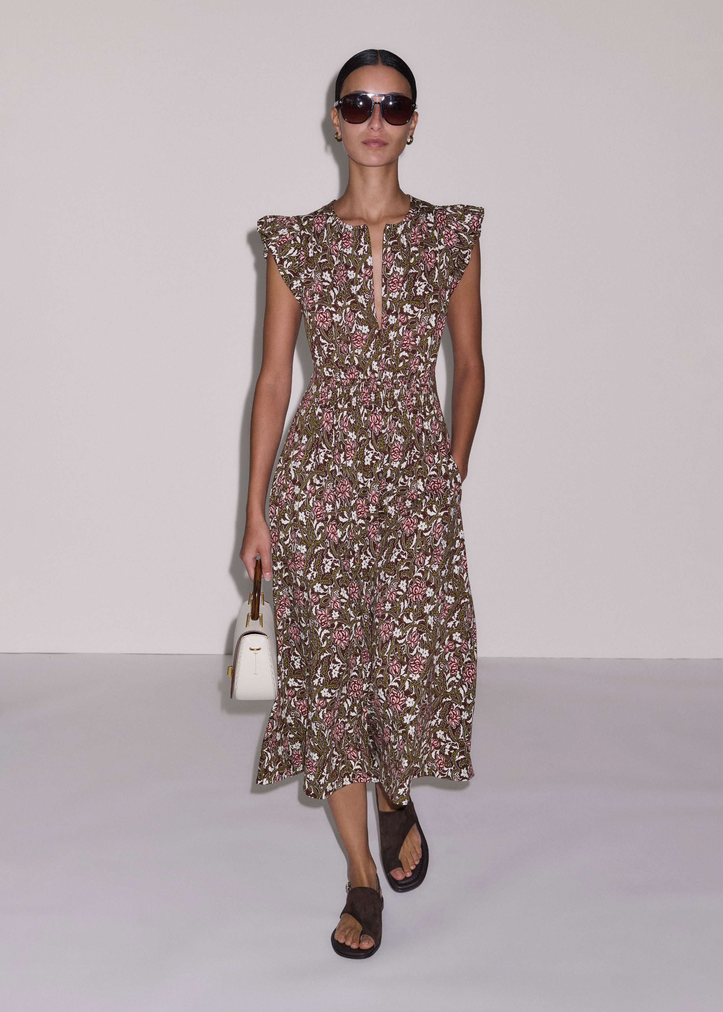 Me+em Overgrown Floral Print Midi Dress Cinnamon Brown Multi