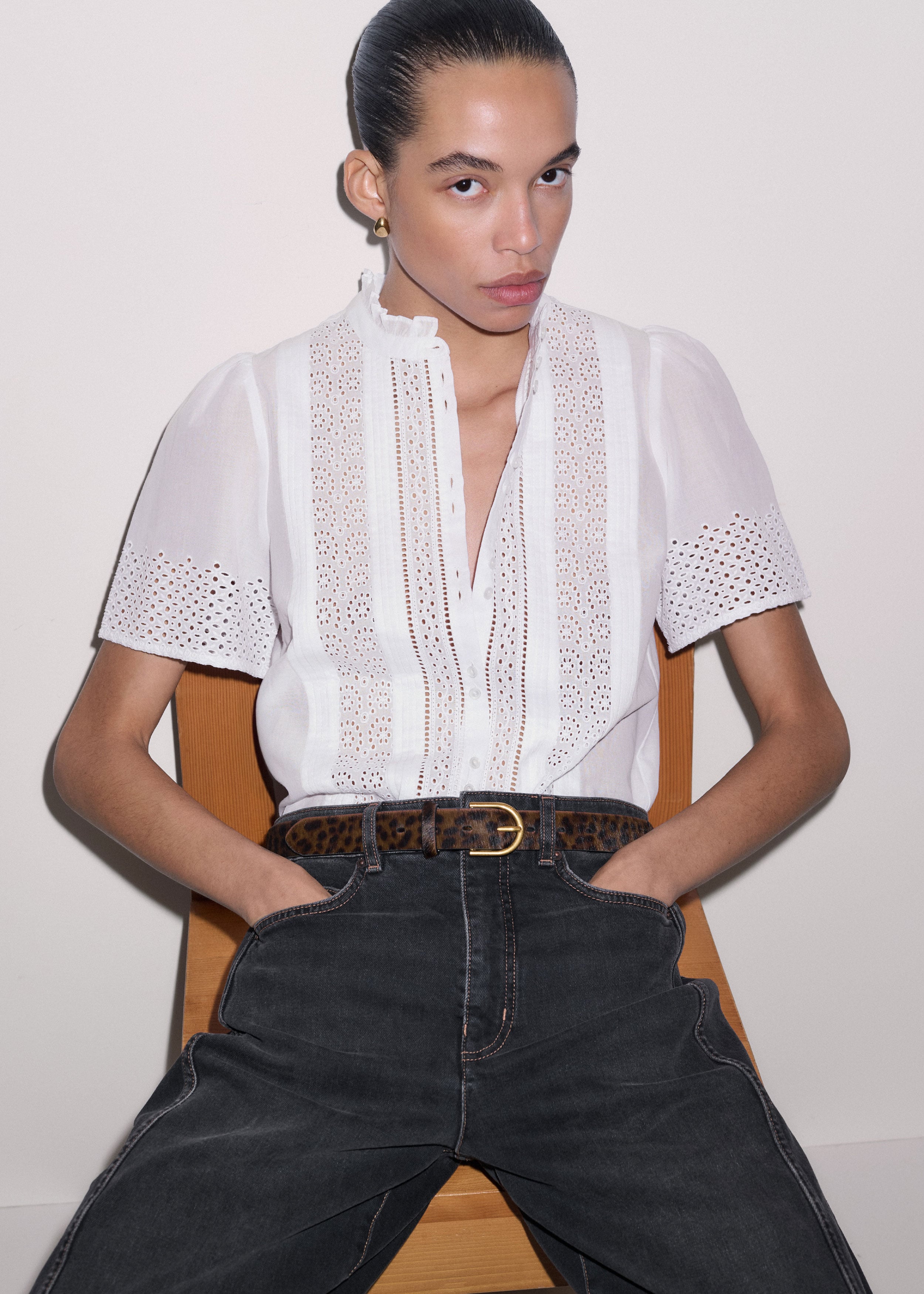 Women's White Lace Trim Shirred Top | ME+EM
