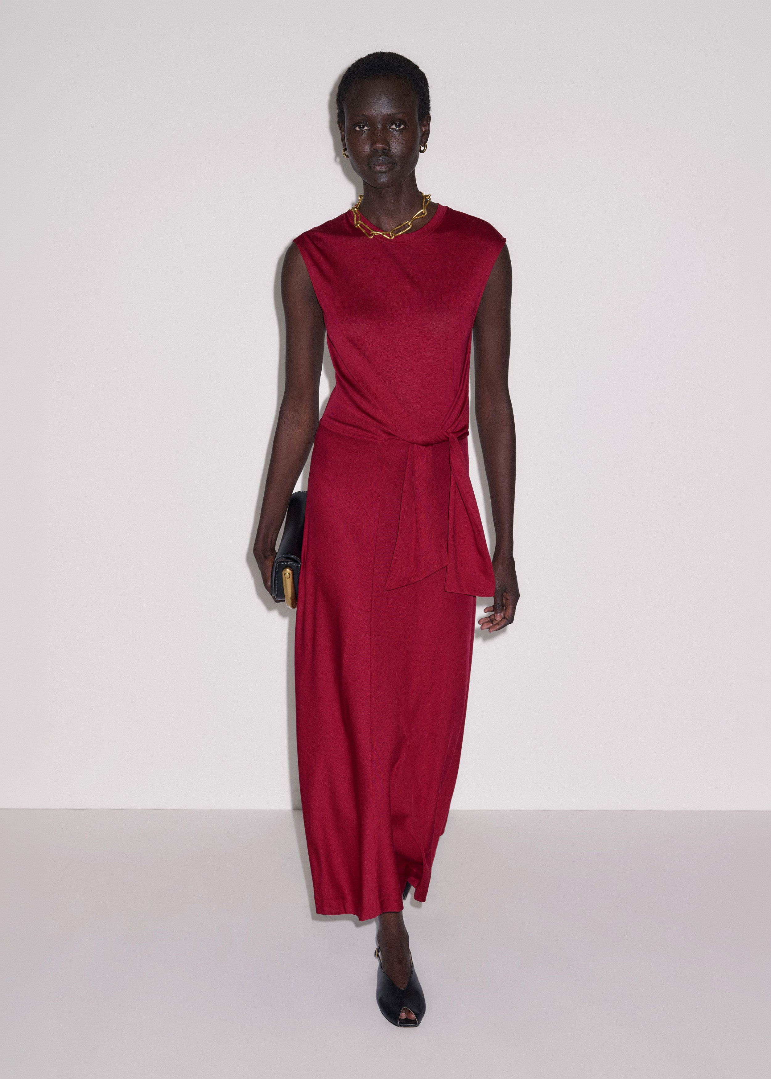pomegranate red dress Asymmetric Sleeve Maxi Dress