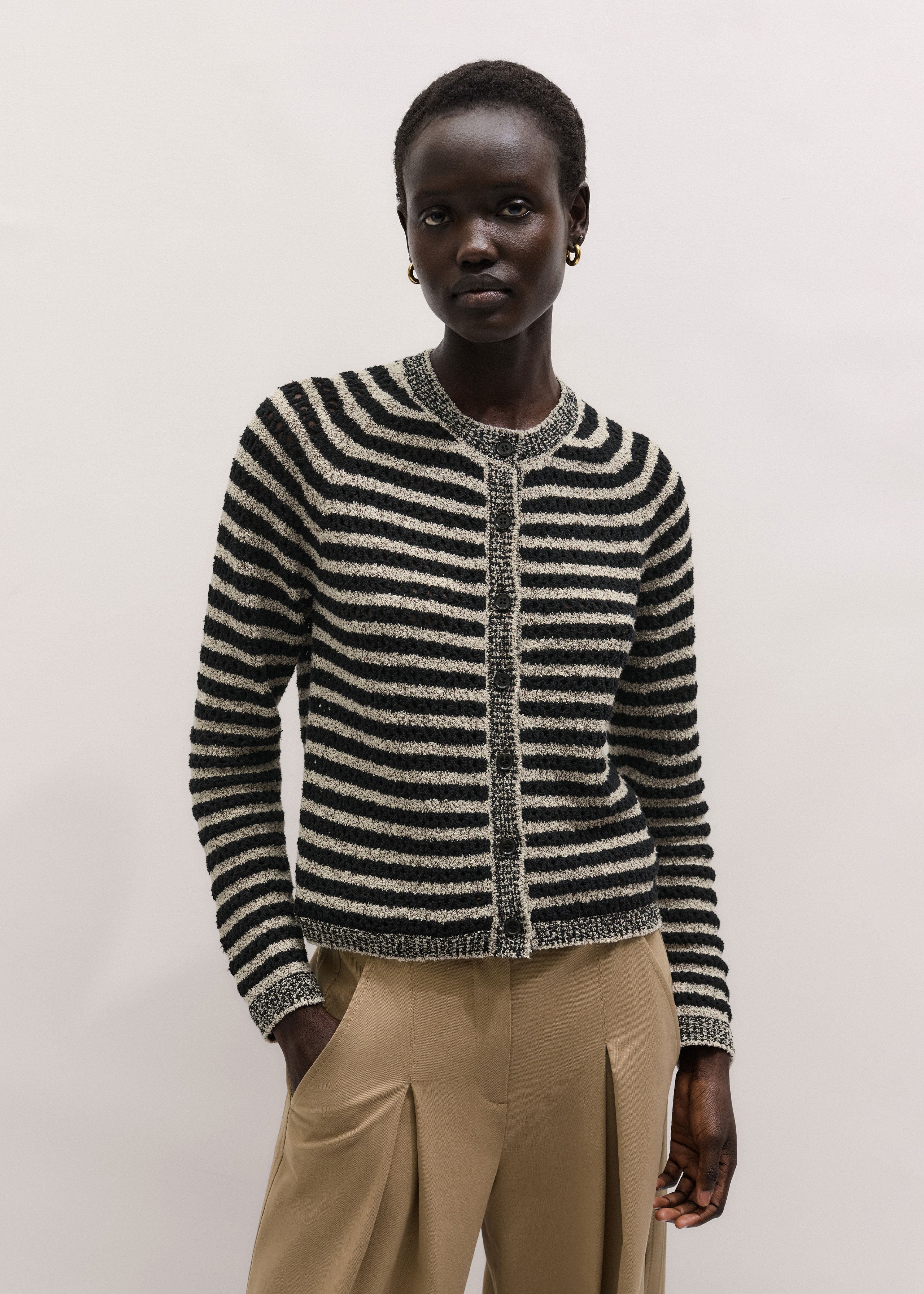Women's Black Textured Stripe Cardigan | ME+EM