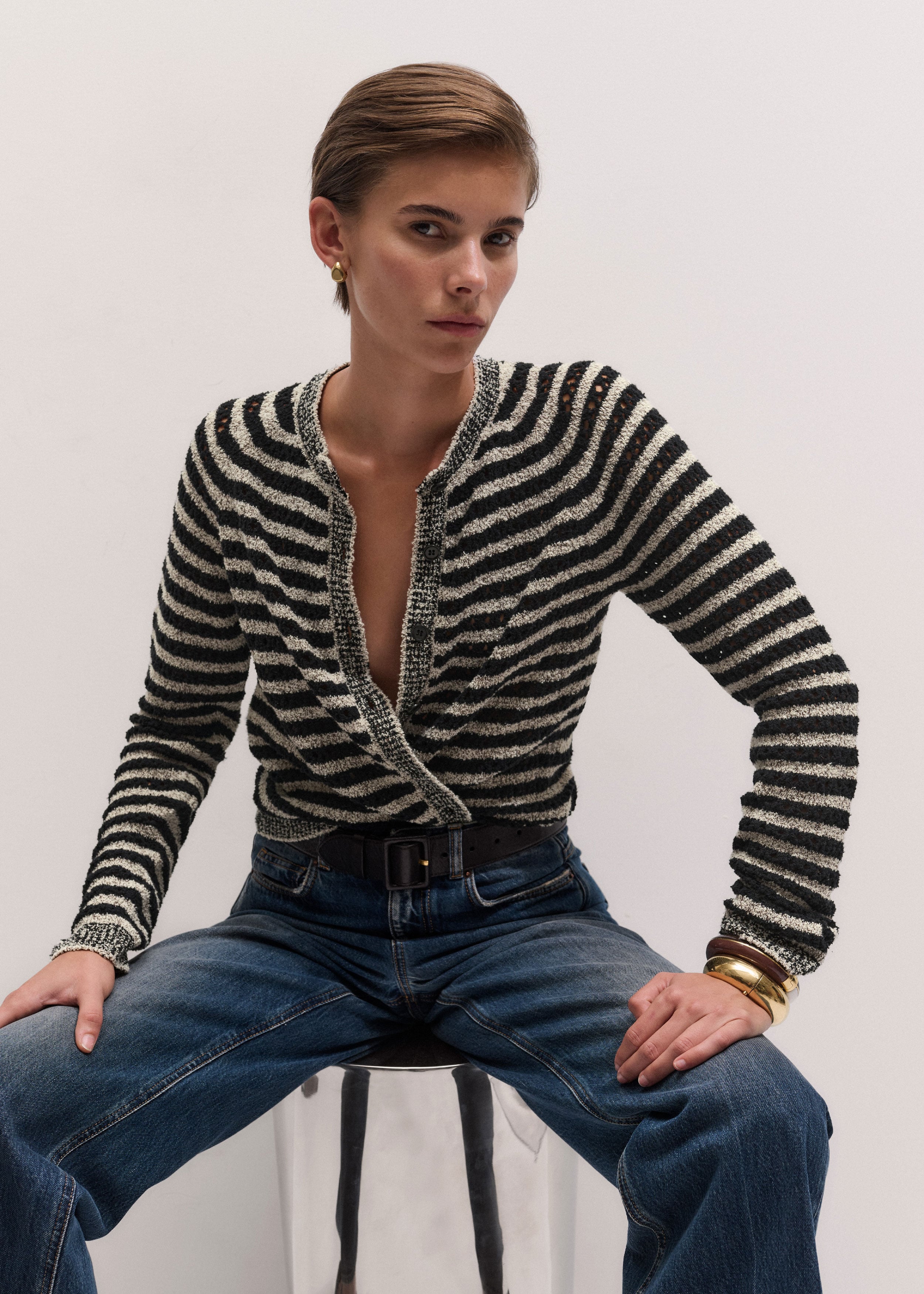 Women's Black Textured Stripe Cardigan | ME+EM