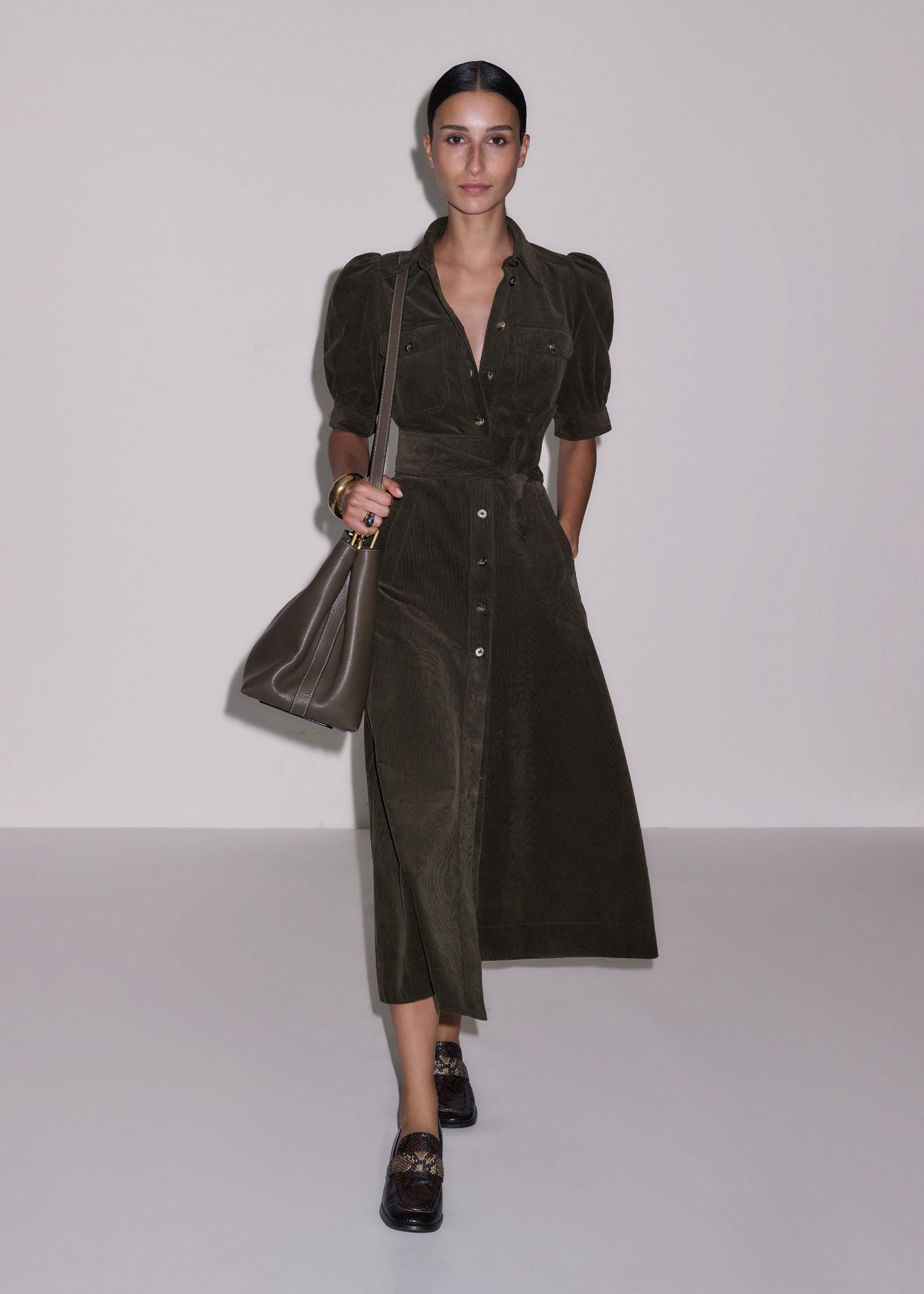 ME+EM Cord Fit And Flare Maxi Shirt Dress + Tie Rich Olive Green - Women's - Cotton Cord