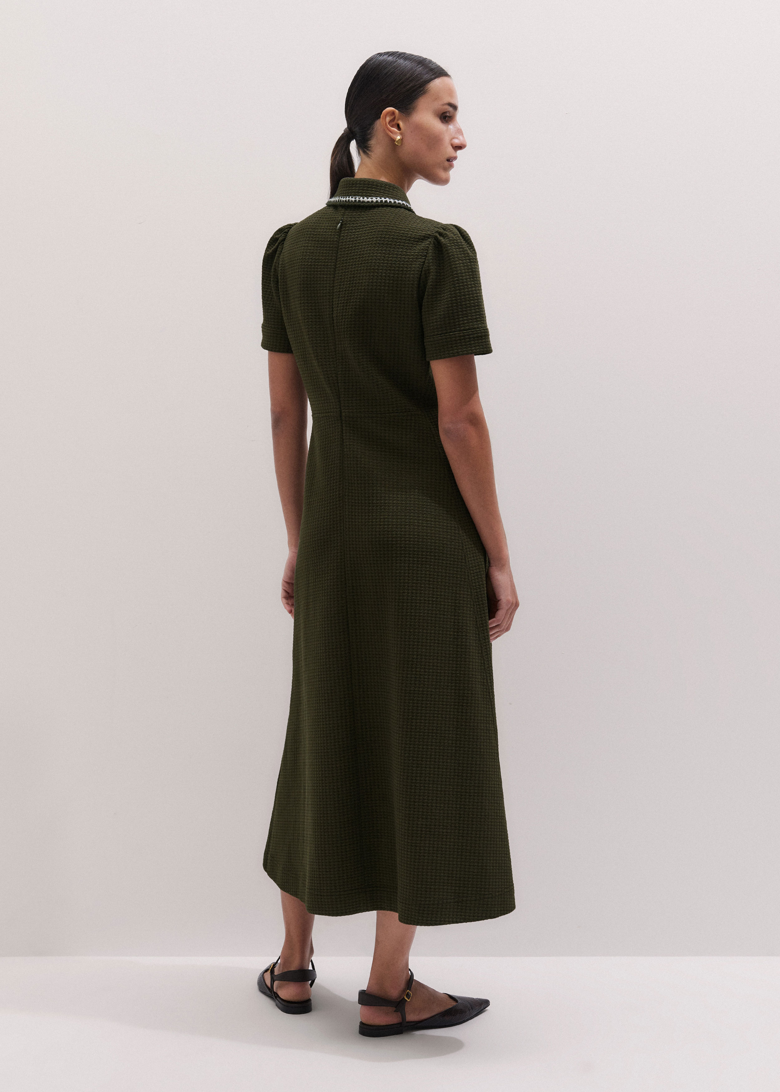 ME+EM Texture Fit And Flare Midi Dress Rich Olive Green - Women's - Textured Jersey