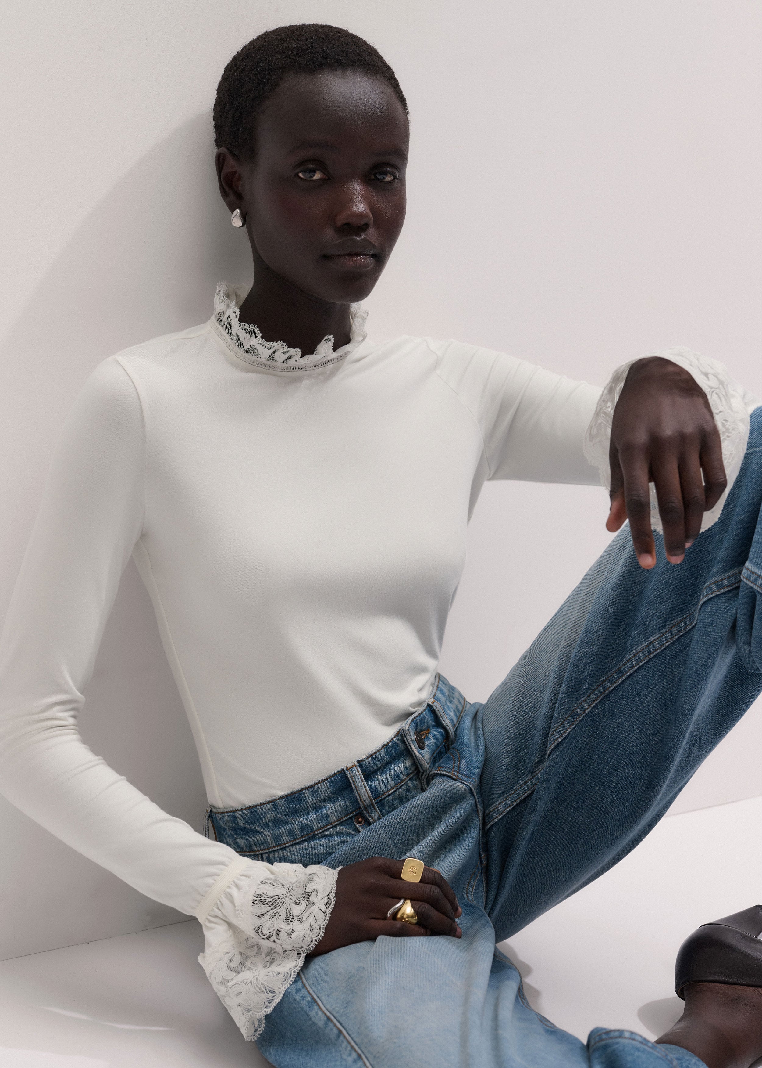 Women's Light Cream Lace Cuff Layering Top | ME+EM